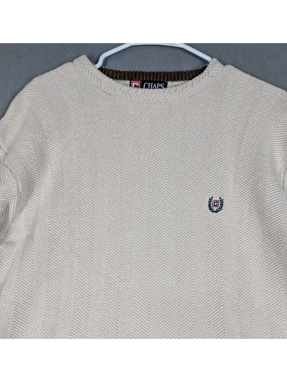 Chaps Mens Large Cream Vintage 90s Herringbone Cotton Knit Crewneck Sweater Logo